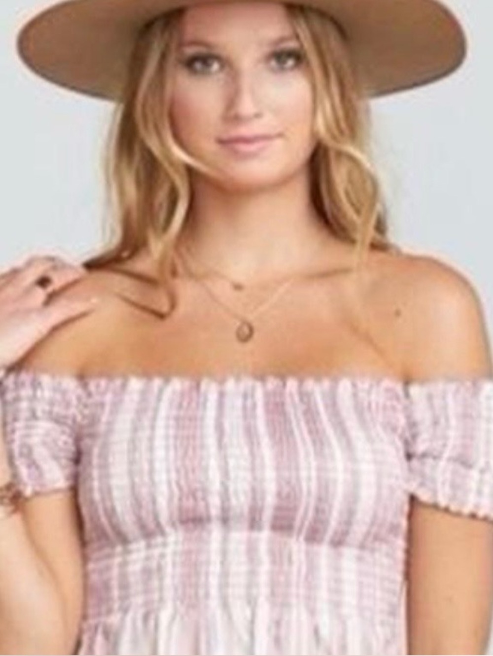 J for Justify Pink and White Smocked Off-Shoulder Top